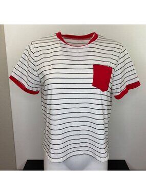 Womens White Striped T-Shirt Black Red Pocket Size Large